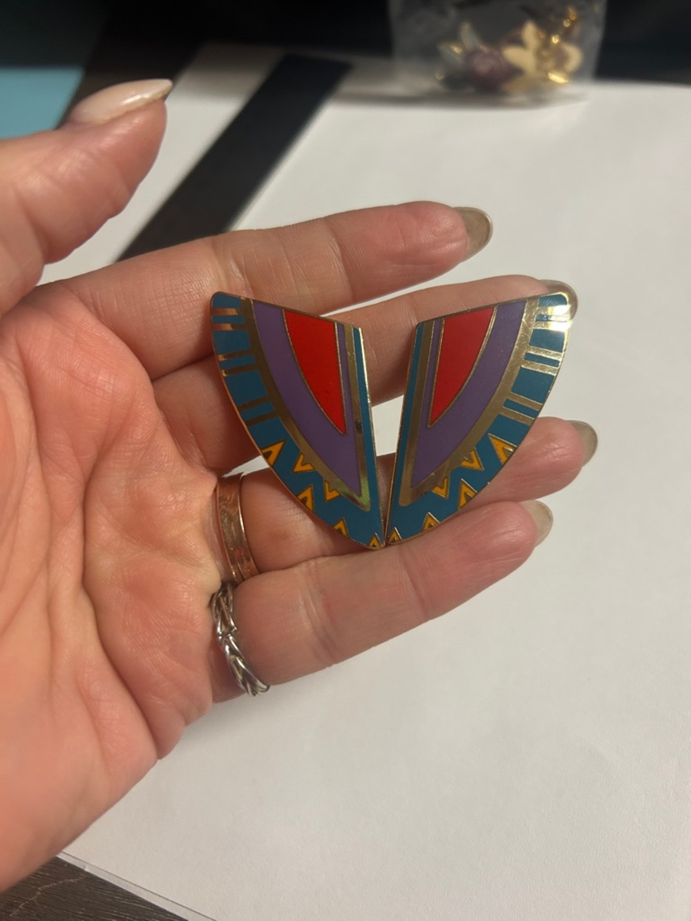 Colorful Geometric Enamel Statement Earrings - Multicolor. Laurel Burch clip on